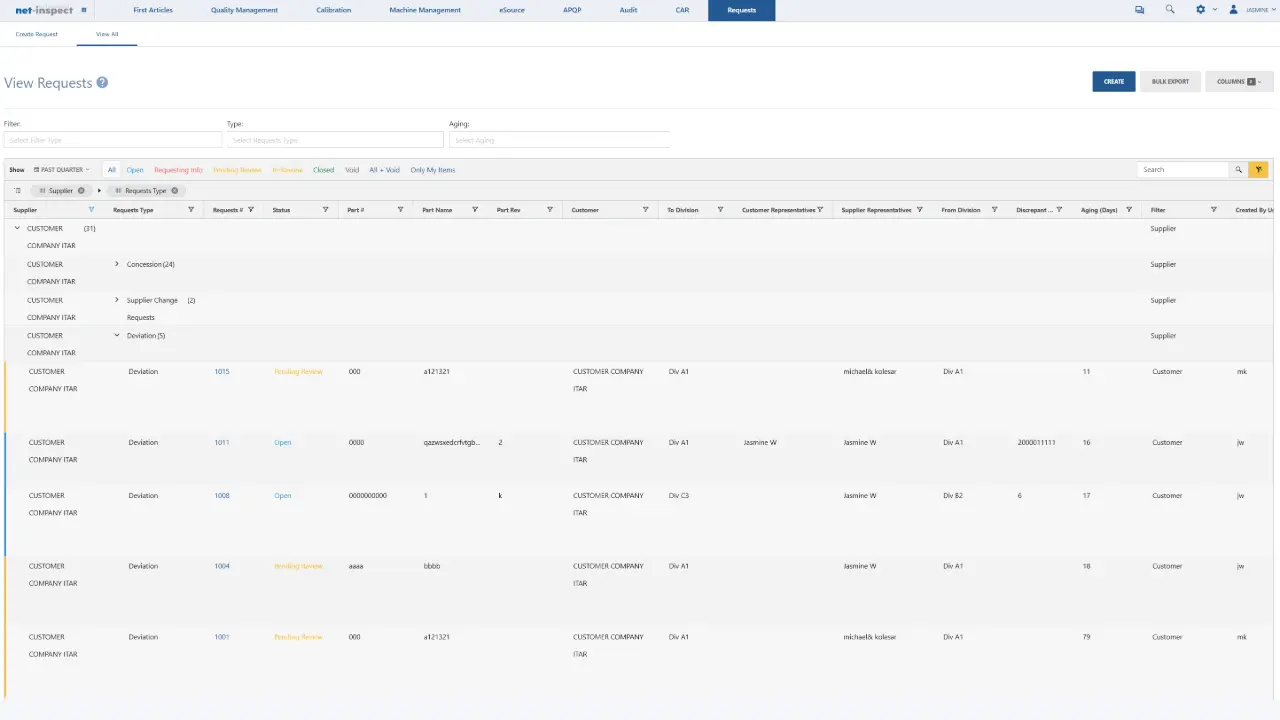 Net-Inspect View Requests list page displaying multiple supplier deviation requests in table format with request IDs, statuses, dates, suppliers, and tracking information